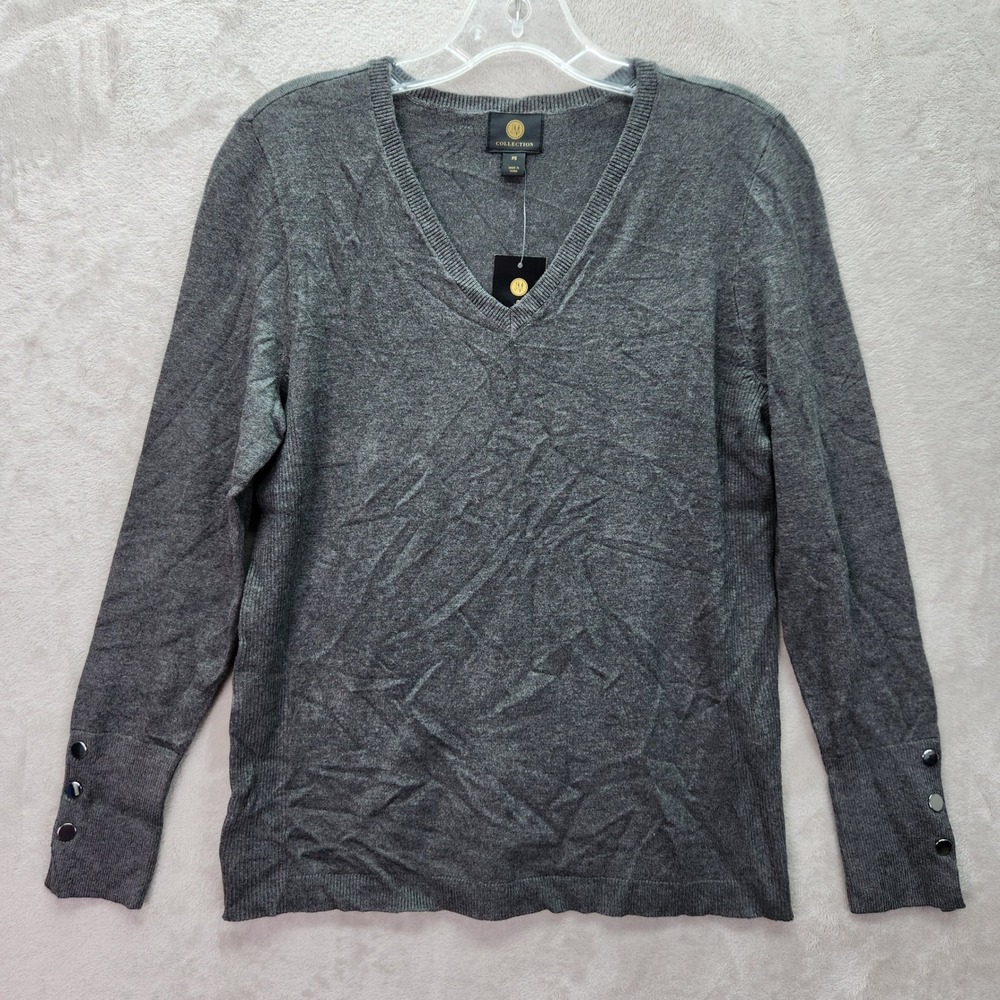 JM Collection Womens Petite Small PS Gray V Neck Button Cuff Lightweight Sweater